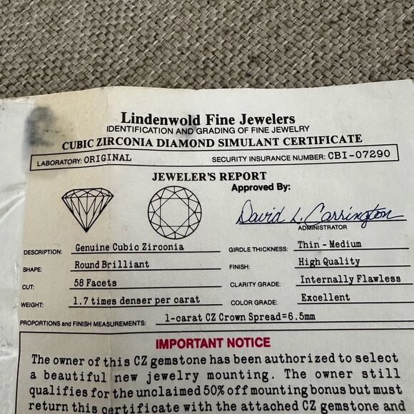 Vtg 1-Carat CZ Crown Spread 6.5MM Stone Lindenwold Jewelers with Certificate - Picture 3 of 7